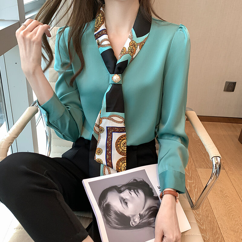 Camicetta e top da donna in Chiffon di moda camicie da donna a maniche lunghe da ufficio scollo a V abbigliamento femminile sciolto Blusas