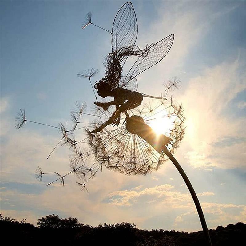 Pixies Fairy Garden Sculpturen Stake Metalen Feeën En Paardenbloemen Dans Samen Landschap Miniatuur Beeldje Gazon Decoratieve