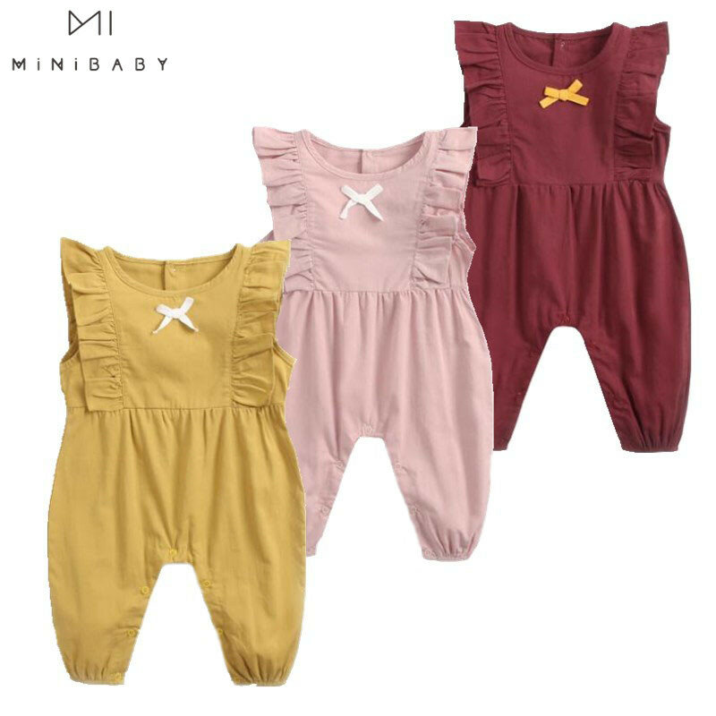 Summer New Arrival Baby Girls Costume Baby Candy Color Sleeveless O-neck Pure Cotton Lace Cute Rompers Kids Girls Jumpsuits 1pc