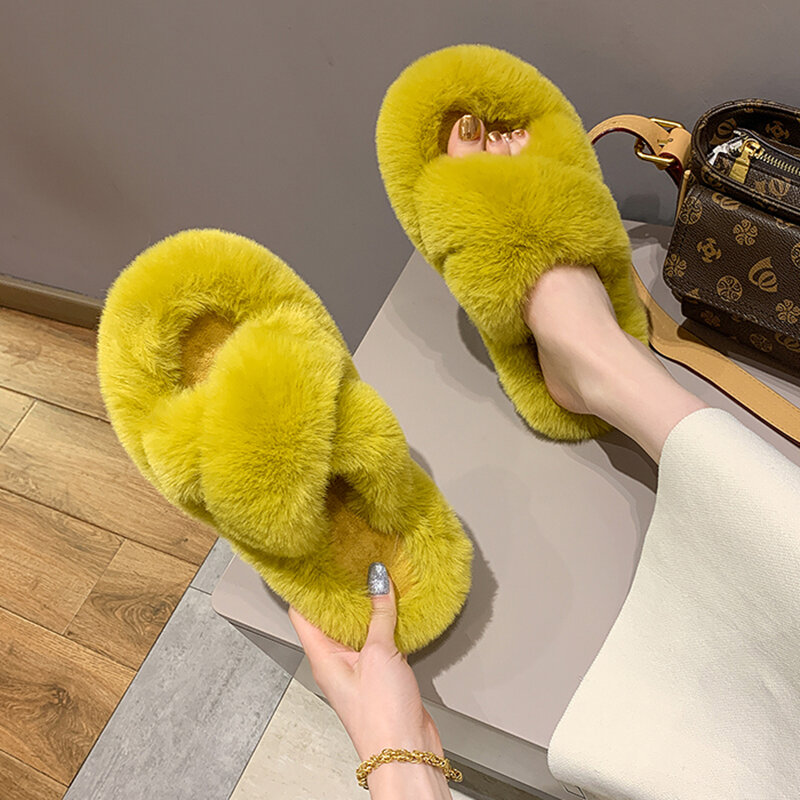 Women Home Cotton Slippers Furry Warm Faux Fur Fashion Cozy Houes Floor Slip on Flats 2021 Winter Shoes For Woman