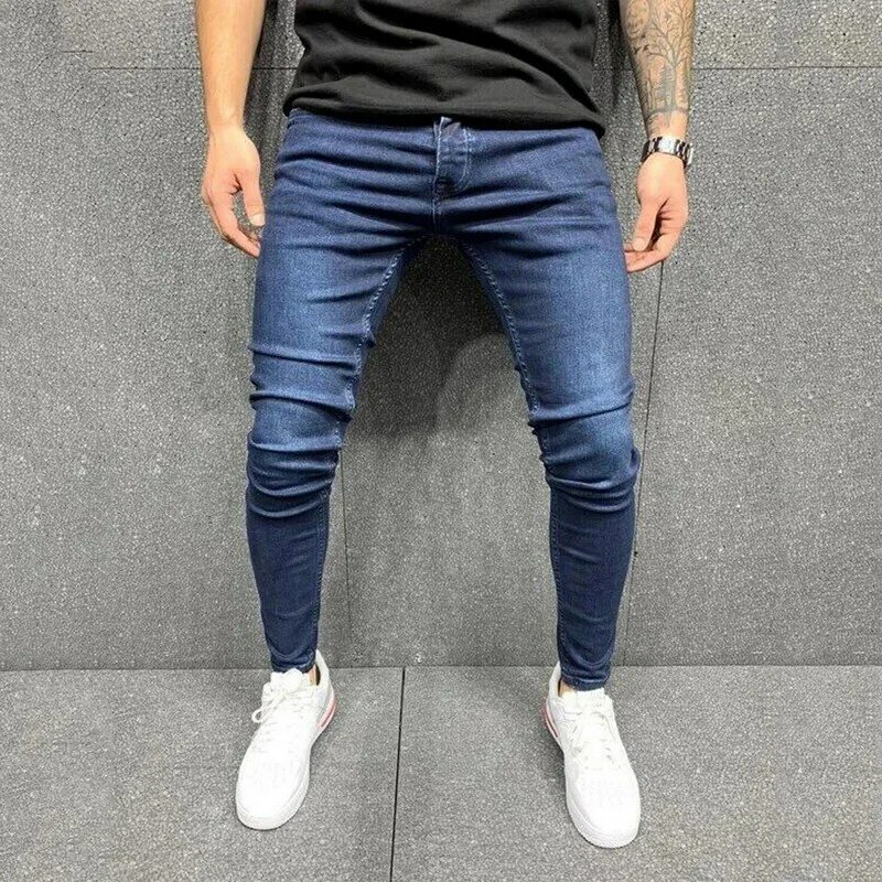 Calças de brim de brim de cintura elástica dos homens 2020 estiramento rasgado calças de brim dos homens streetwear denim azul
