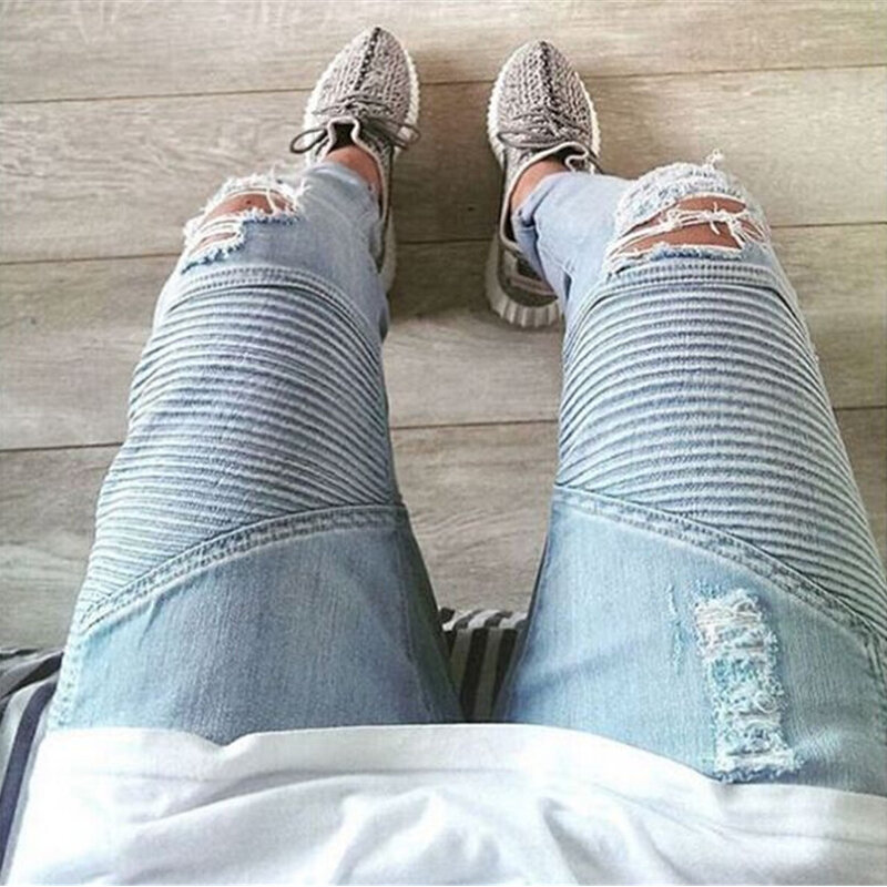 Модные рваные байкерские джинсы мужские зауженные джинсовые штаны в стиле хип-хоп для мужчин стрейч джинсы homme карандаш плиссированные джи...