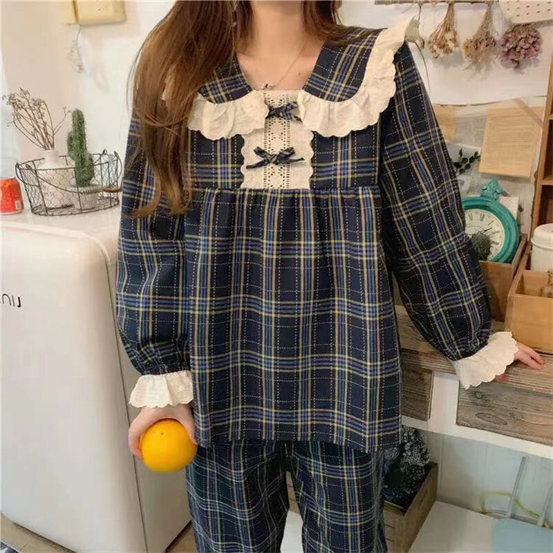 Pijama para mulher mais recente estilo grande tamanho chique xadrez pijamas retalhos rendas geométrico de manga comprida casa usar solto doce pijamas