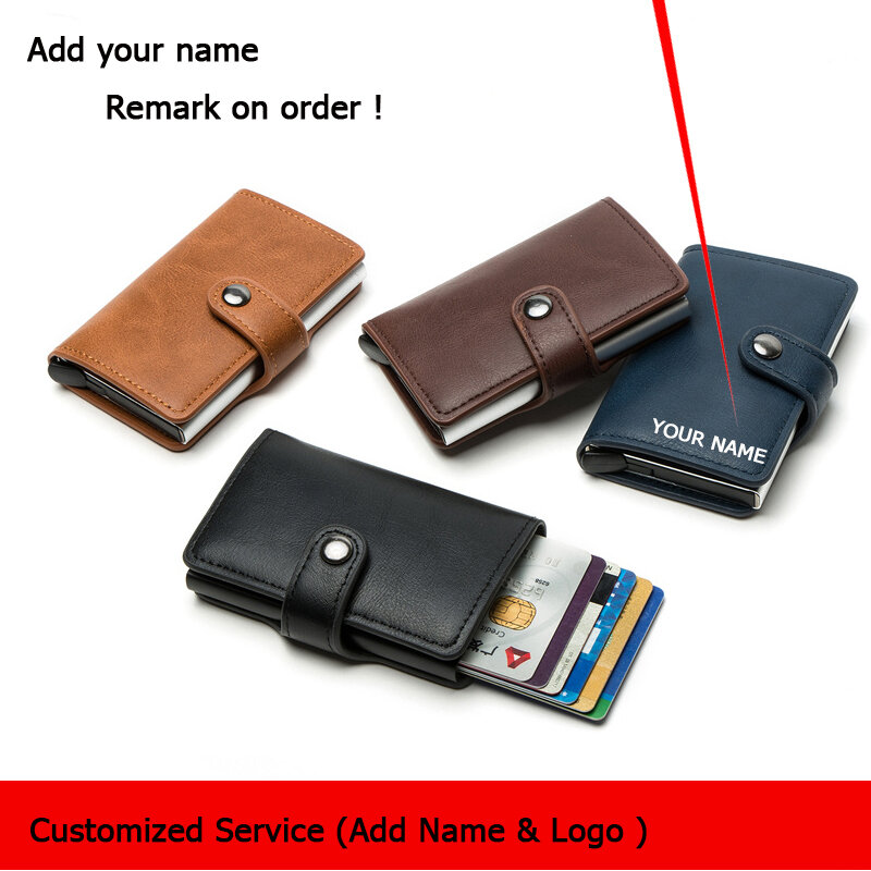 Funda de aluminio con nombre personalizado para hombre, billetera de cuero con bloqueo RFID para tarjetas de crédito