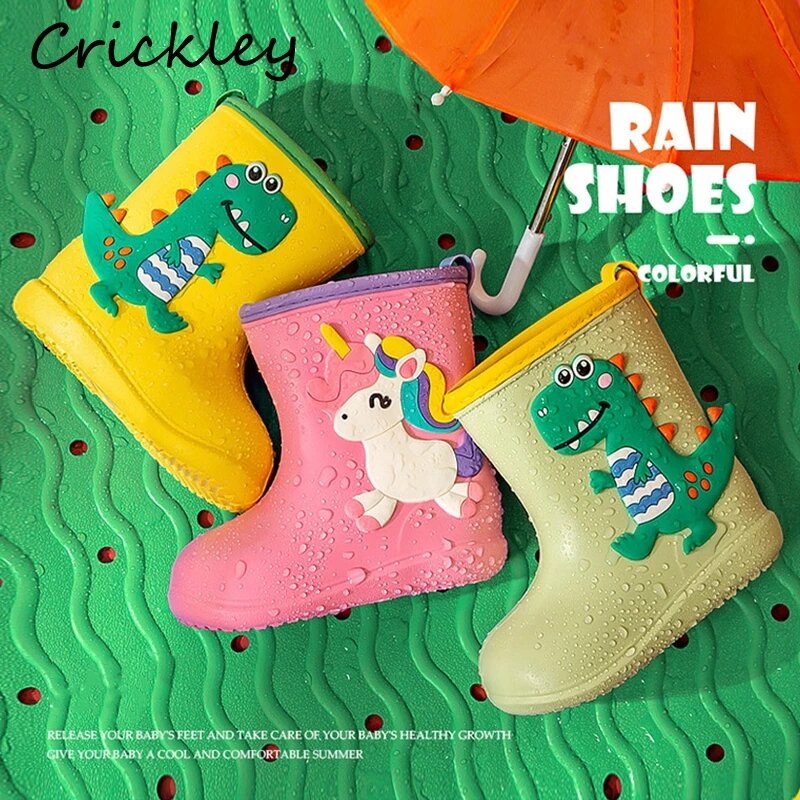 Botas de lluvia para niños, zapatos antideslizantes de goma EVA impermeables con dibujos de dinosaurio, unicornio