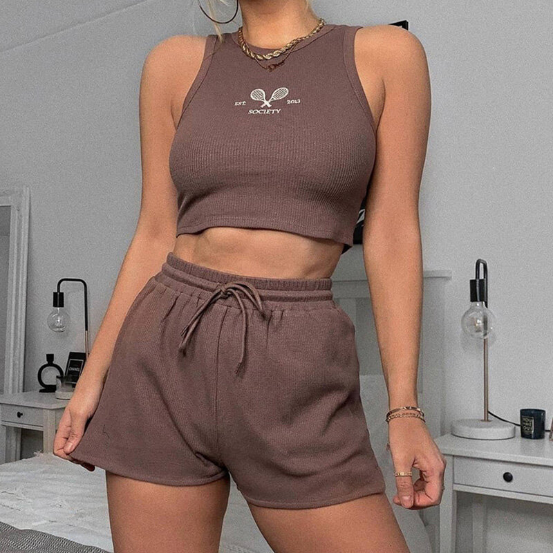 Skinny Casual Sports Summer Woman 2 Piece Set 2021 O Neck Solid Embroidery Cropped Tank Top Elastic High Waist Shorts