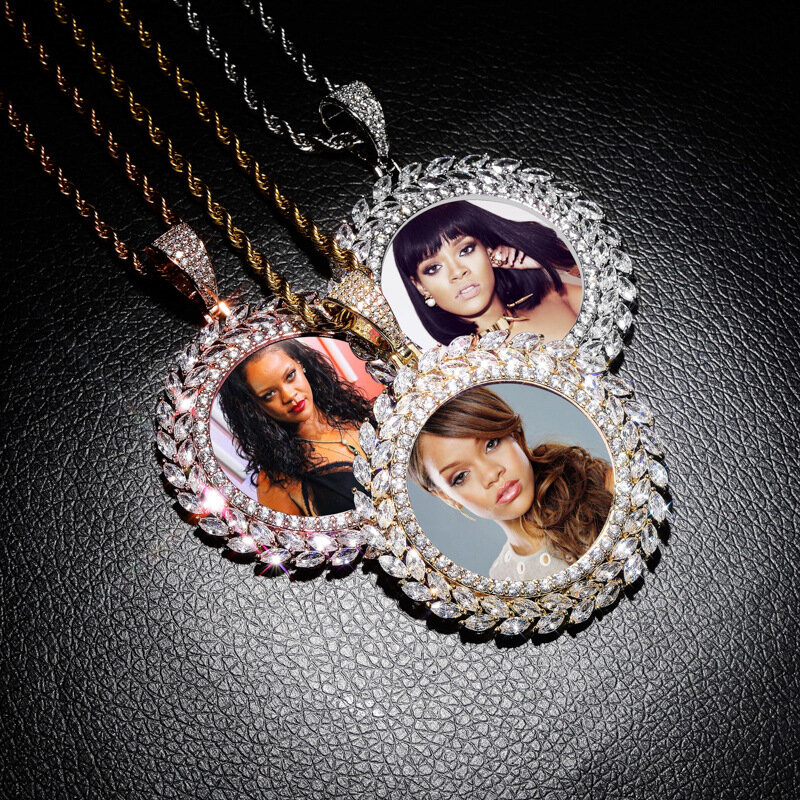 Hip Hop Round Leaves Frame  Custom Made Photo Pendants Necklace for Men Bling Iced Out  Women DIY Jewelry