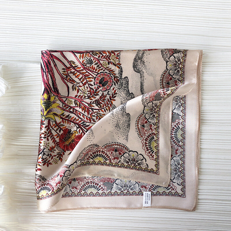 Bufanda de seda 100% para mujer, pañuelo de estilo étnico Tribal, flor de árbol, pañuelo pequeño, turbante de 53x53cm