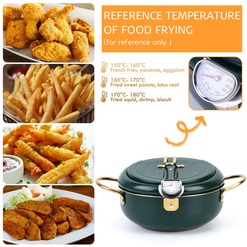 Japanese Deep Frying Pot with Thermometer Lid Oil Drip Drainer Rack 304 Stainless Steel Kitchen French Fries Tempura Fryer Pan