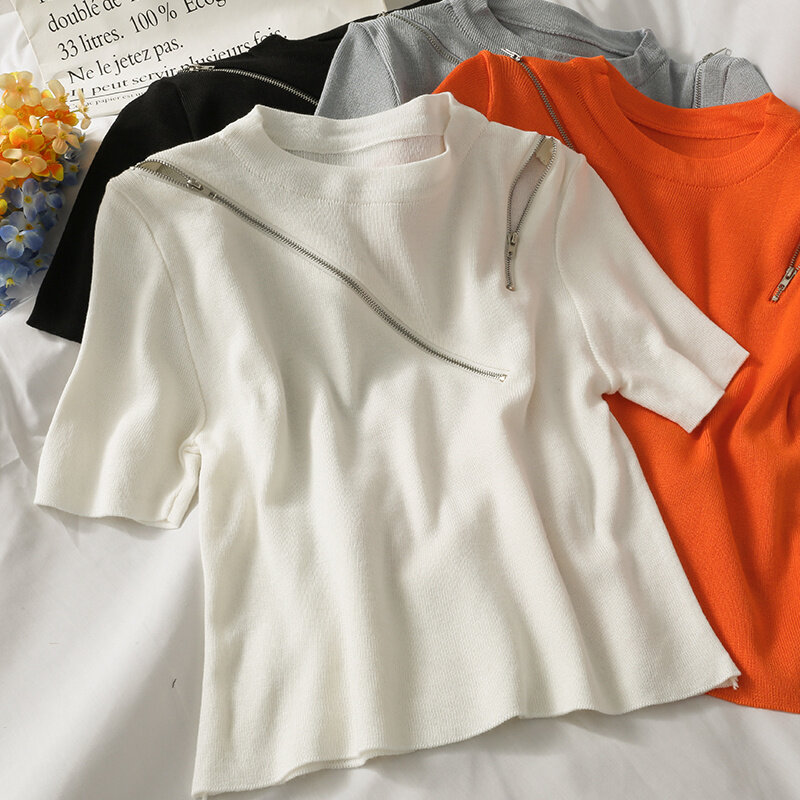 Französisch Minderheit Zipper Design Gefühl Hohl-out Kurze Gestrickte T-shirt frauen Neue Kurzarm All-Passenden runde neck T-shirt