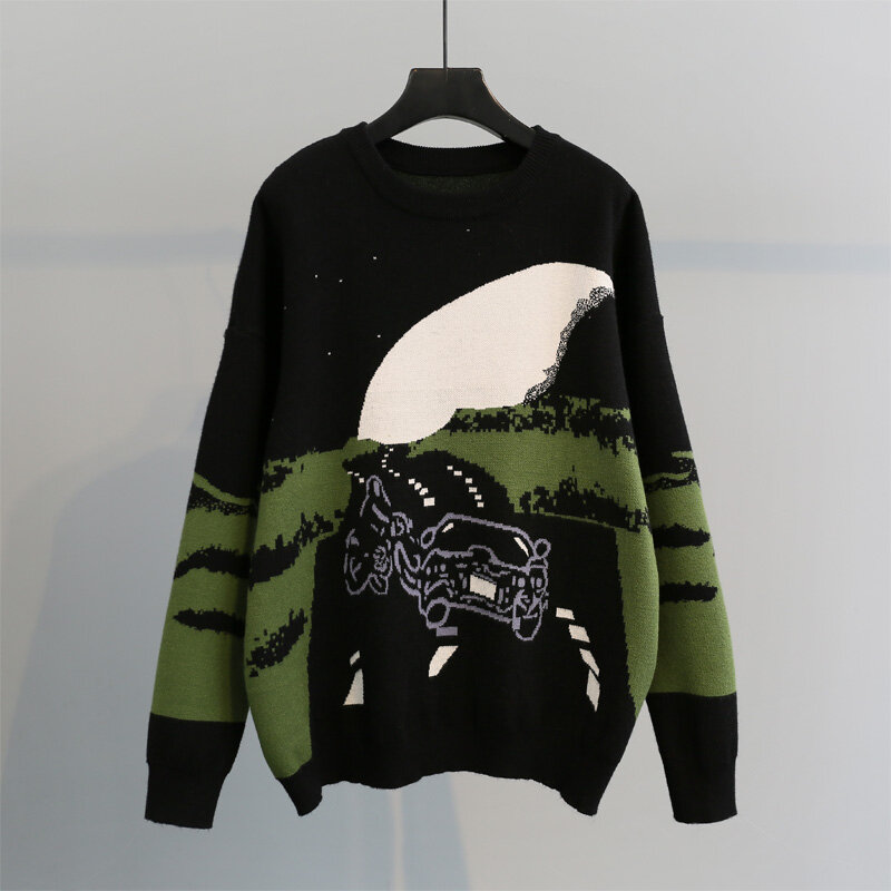 2021 nowy czarny jesienno-zimowy sweter damski luźny top sweter leniwy wiatr lew kreskówka student długi sweter z rękawem moda
