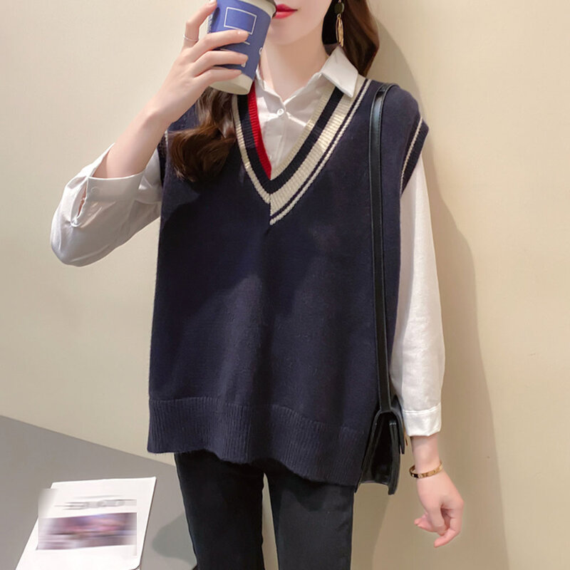2021 frühjahr Neue Koreanische Stil Mode V-ausschnitt Patchwork Pullover Bodenbildung Ärmelloses Weste Pullover Frauen Lose Stricken Top Trend