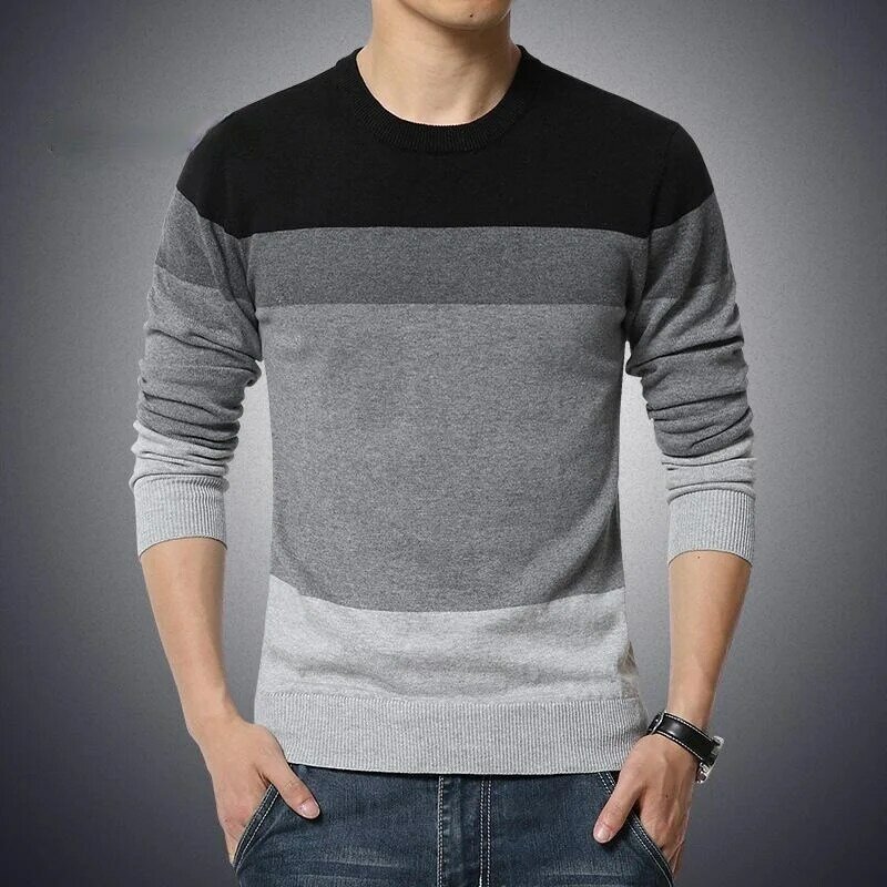 Sweater Pullover Pullover Pria Tarik M-3XL Sweter Pria Kasual Leher-o Bergaris Slim Fit Pakaian Rajut Musim Gugur Musim Dingin Mode Baru