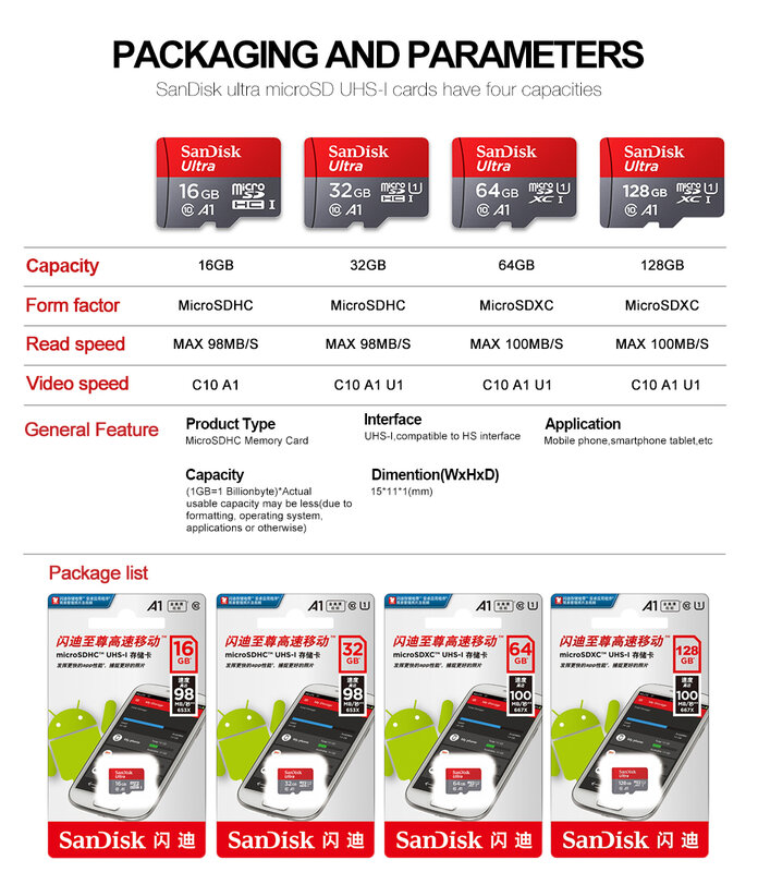 SanDisk-tarjeta de memoria Ultra para teléfono inteligente, microSD de 200GB, 128GB, 64GB, 32GB, 16GB, 8GB, microSDHC/micro SDXC UHS-I, 98 MB/s, TF