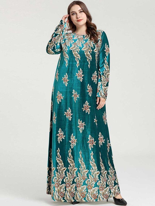 Nowe zimowe aksamitne długie sukienki Maxi eleganckie złote tłoczenie druk kwiatowy sukienka muzułmańska dubaj Abaya zielony niebieski m-4xl