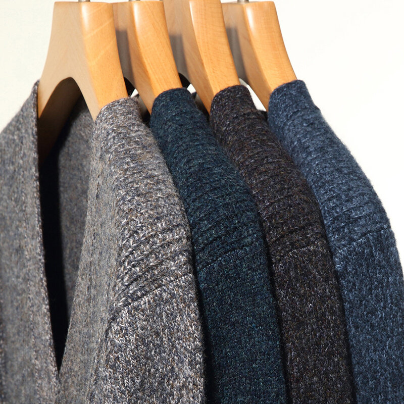 Осенне-зимний мужской свитер, кардиган из 100 чистой шерсти, трендовый Повседневный толстый вязаный свитер с V-образным вырезом, пальто