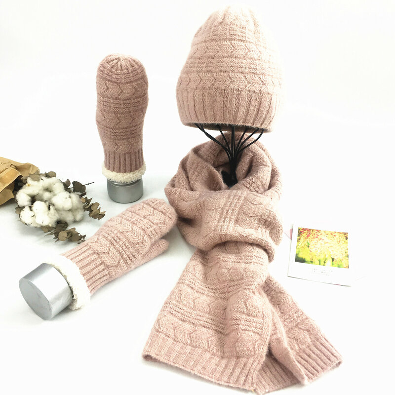 Traje de tres piezas de lana tejida para otoño e invierno, gorro de lana cálido de color puro y bufanda con guante