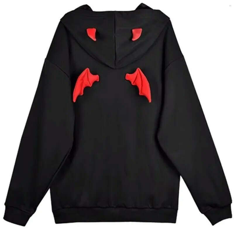 Sweat à capuche gothique avec cornes et ailes de diable, pour femme, haut, pullover, avec poches, coupe ample, style harajuku