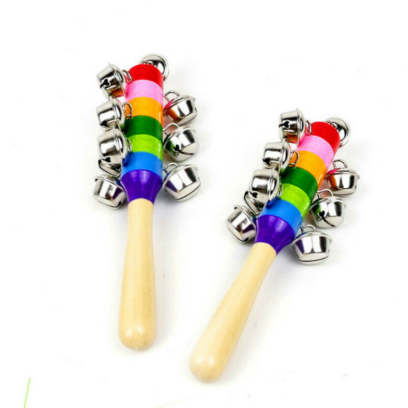 Sonajero de arcoíris de madera para bebé, campana de mano colorida, juguetes educativos para niños pequeños, juguetes de madera