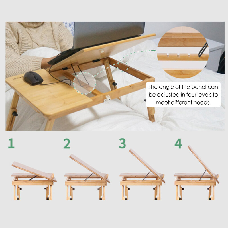 Mesa ergonômica ajustável para laptop, mesa de bambu pura amarela dobrável para servir o café da manhã com bandeja confortável