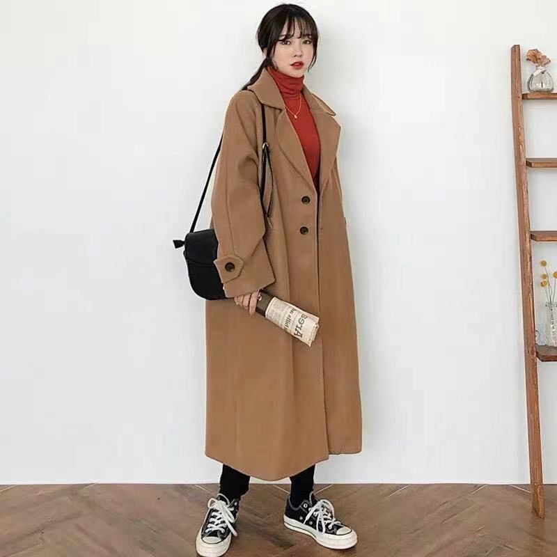 Frau Lange Mantel Mode Koreanische Adrette Retro Vielseitig Windjacke Casual Warm Woolen Mantel Oversize 2021 Frühling Frauen Mantel