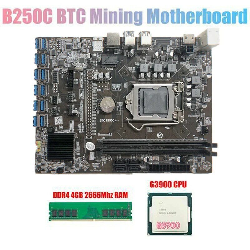 B250 btc b250c btc mineiro motherboard com g3900 cpu + ddr4 4gb 2666mhz ram 12xpcie para usb3.0 slot para cartão lga1151 para mineração btc