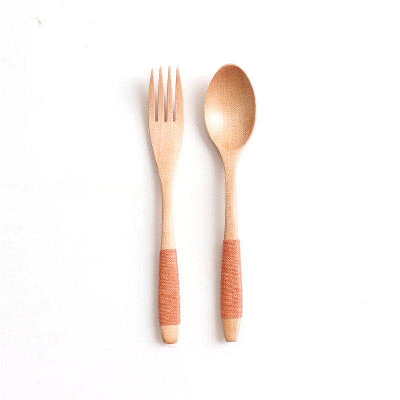 Kit de cena de cuchara y tenedor de madera Natural, sopas de arroz, utensilio de cereales hecho a mano, vajilla para el hogar, cubiertos para Kicthen