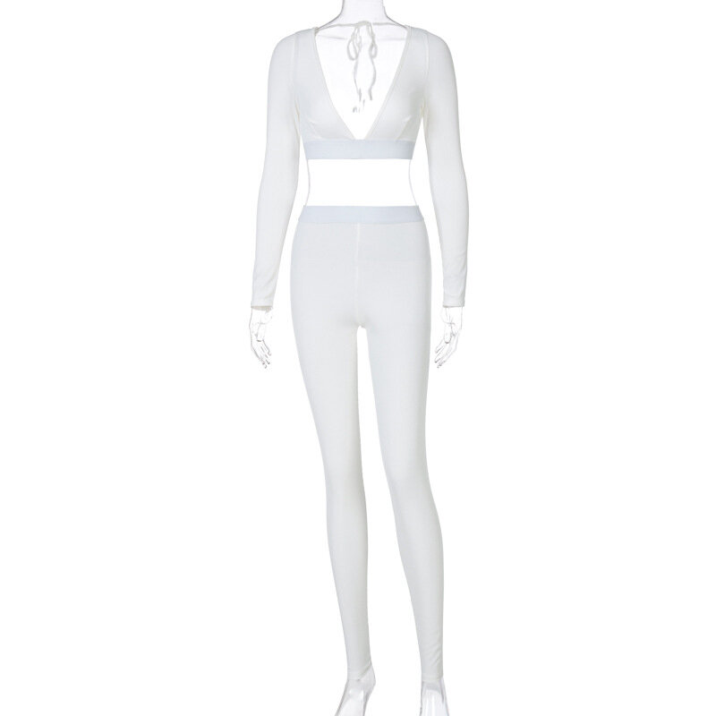 2021 z długim rękawem stałe dekolt w kształcie litery v Backless obcisły Crop Top legginsy 2 sztuka zestaw jesień zima kobiety seksowna sukienka dres