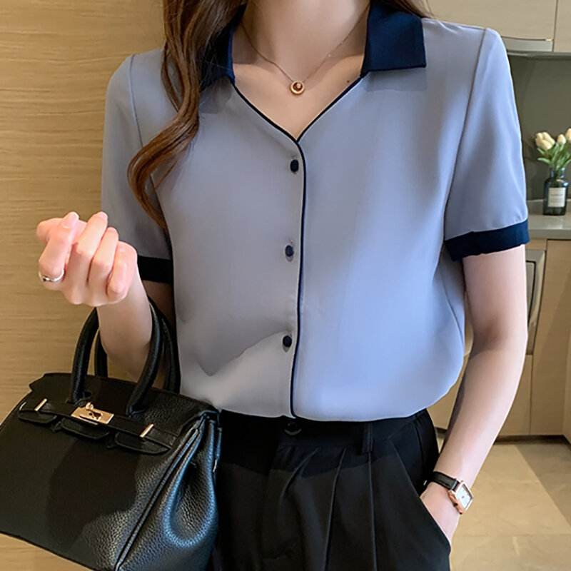 Shintimes New V-Neck Chiffon Blouses Button Short Sleeve Women Shirts 2021 Office Lady Summer Tops Woman Clothes Chemisier Femme