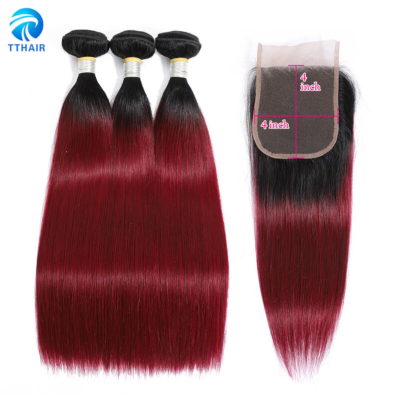 Bundel Merah Anggur dengan Penutup Bundel Rambut Lurus dengan Penutup Bundel Jalinan Rambut Brasil Bundel Rambut Merah Non-remy T1B/99J