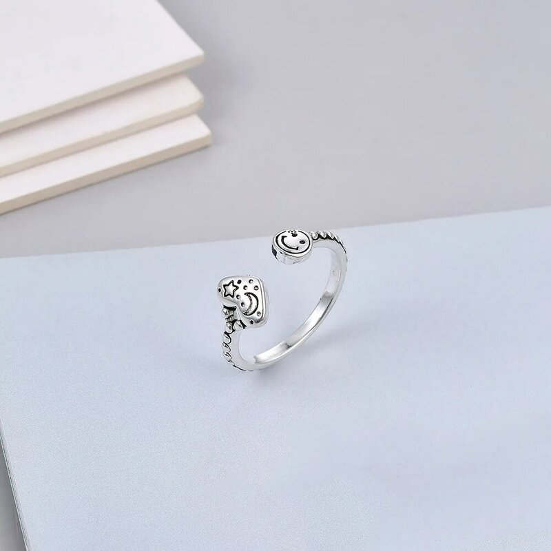 Srebrny otwarty regulowany palec serdeczny dla kobiet mężczyzn Vintage szczęśliwy uśmiechnięty twarz pierścionki Unisex nowa prosta moda damska biżuteria pierścionki