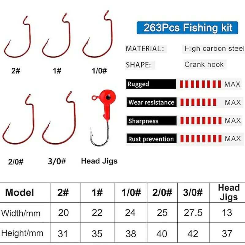 Acessórios de pesca kit, 263 pçs kit de equipamento de pesca com caixa de equipamento incluindo pescaria pesos chumbos, gabarito ganchos, bobbers flutuador