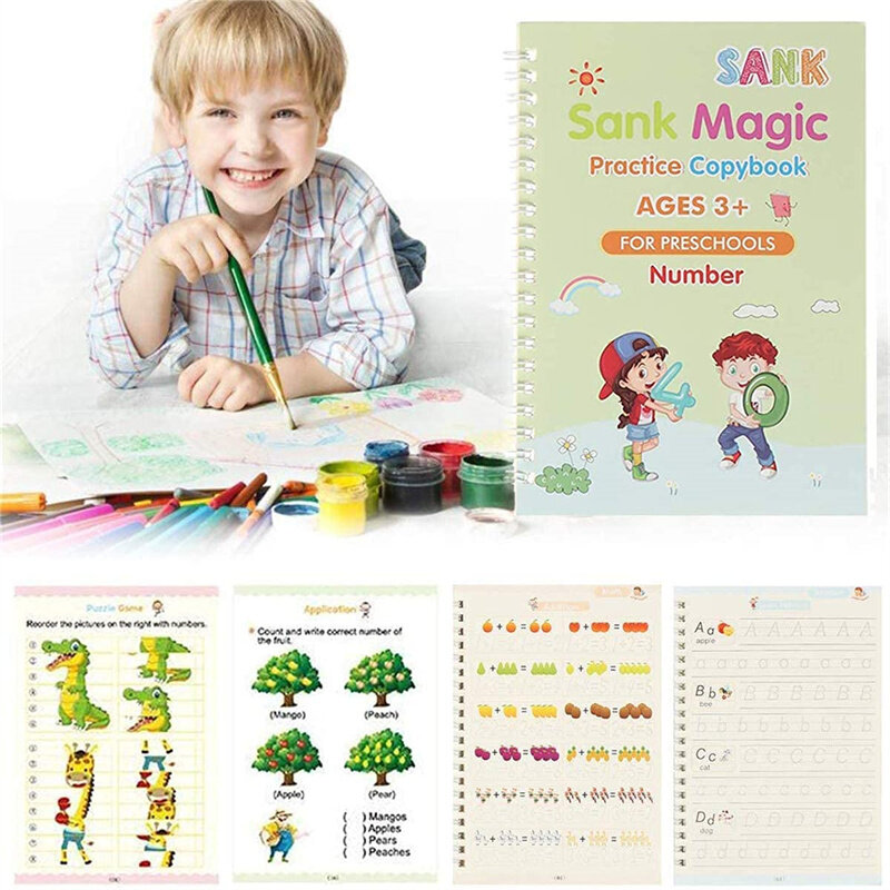 Cahier de pratique magique pour enfants, lettres et nombres 3D réutilisables, fournitures scolaires éducatives