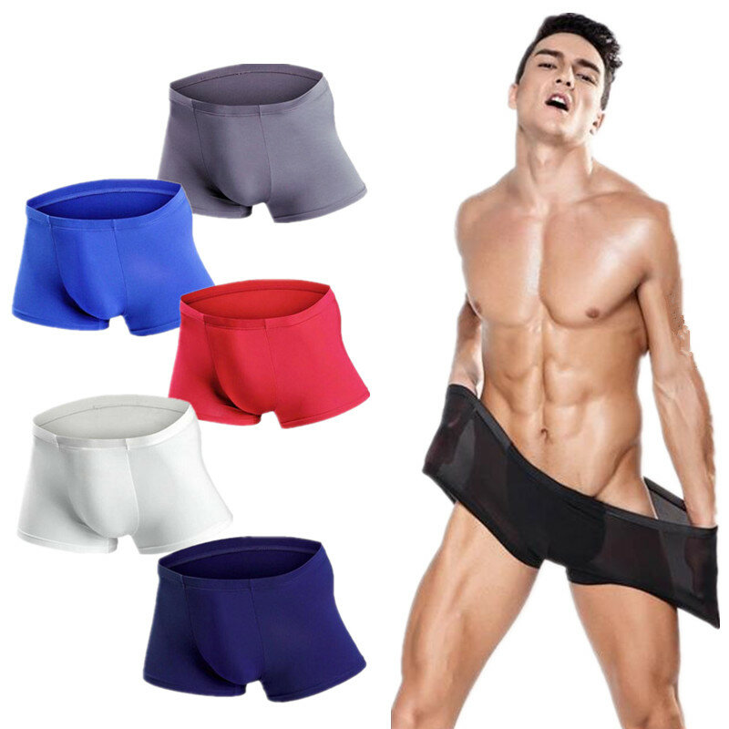 Sexy para los hombres de secado rápido Ultra-delgada Stealth No hay rastro de seda de hielo ropa interior Boxers de seda helada con bolsa U convexa cortos bragas