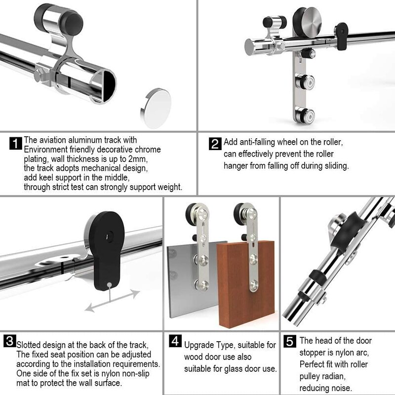 Gifsin 4-9.6FT Berbentuk Bulat Stainless Steel Perak Puerta Corredera Kayu Sliding Door Hardware Kit untuk Pintu