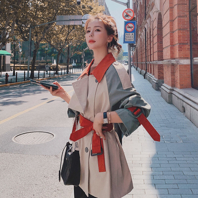 Gabardina con cinturón suelto para mujer, ropa de primavera y otoño con costuras contrastantes, rompevientos, largo medio, versión coreana, 2021