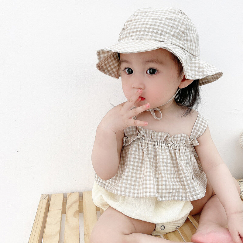 Yg marca roupas das crianças 2021 verão cinta de uma peça saco peido rastejando terno do bebê chapéu de duas peças terno do bebê feminino