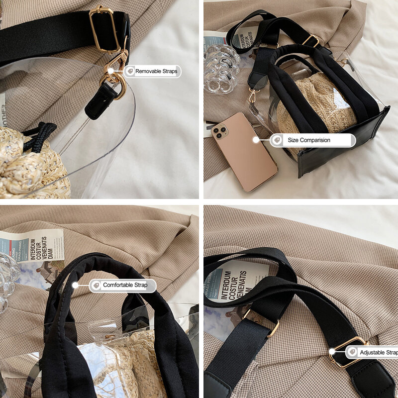 女性のカジュアルなストローハンドバッグ,透明なトップハンドル付きの夏のビーチバッグ,コンポジットバッグ,2021