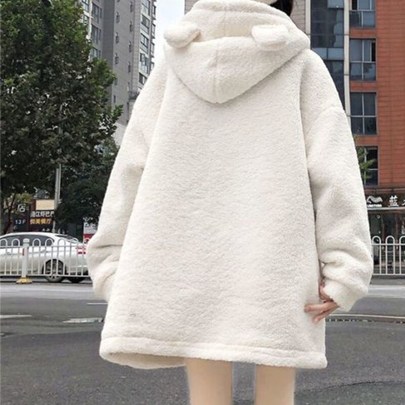 Sztuczny płaszcz kobiety śliczne Kawaii Lolita zimowy sweter z kapturem płaszcze z wełny owczej koreański Student luźna ocieplana bawełna ubrania nowe