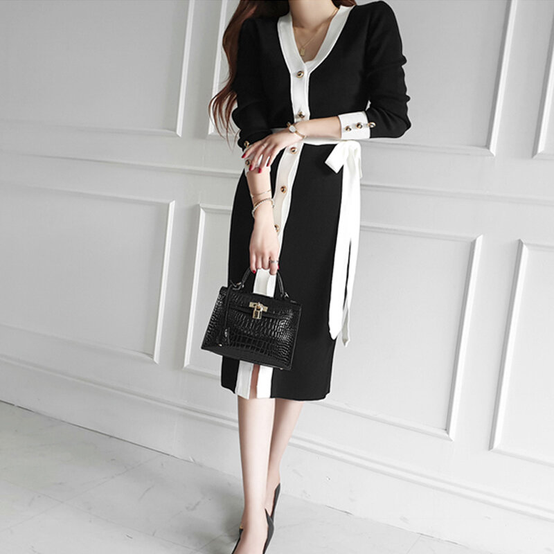 Vestido de punto ajustado con cuello en V para mujer, de retales ropa elegante, moda coreana, suéter con fajas de un solo pecho, otoño e invierno, 2021