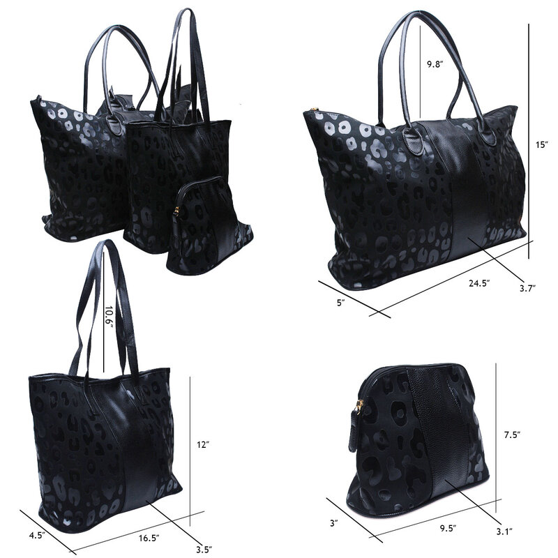 女性用のヒョウ柄のキャンバスバッグ,3つの大きなバッグ,黒いトートバッグ,本革のpuデザイナーバッグ,ピース/セット