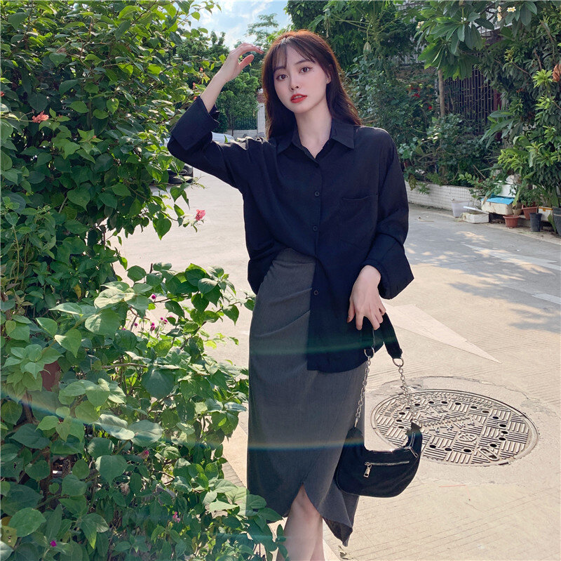 Spódnica damska garnitur jesień 2021 nowy styl Hong Kong leniwy styl, nosić czarny luźne średniej i długim rękawem ubrania