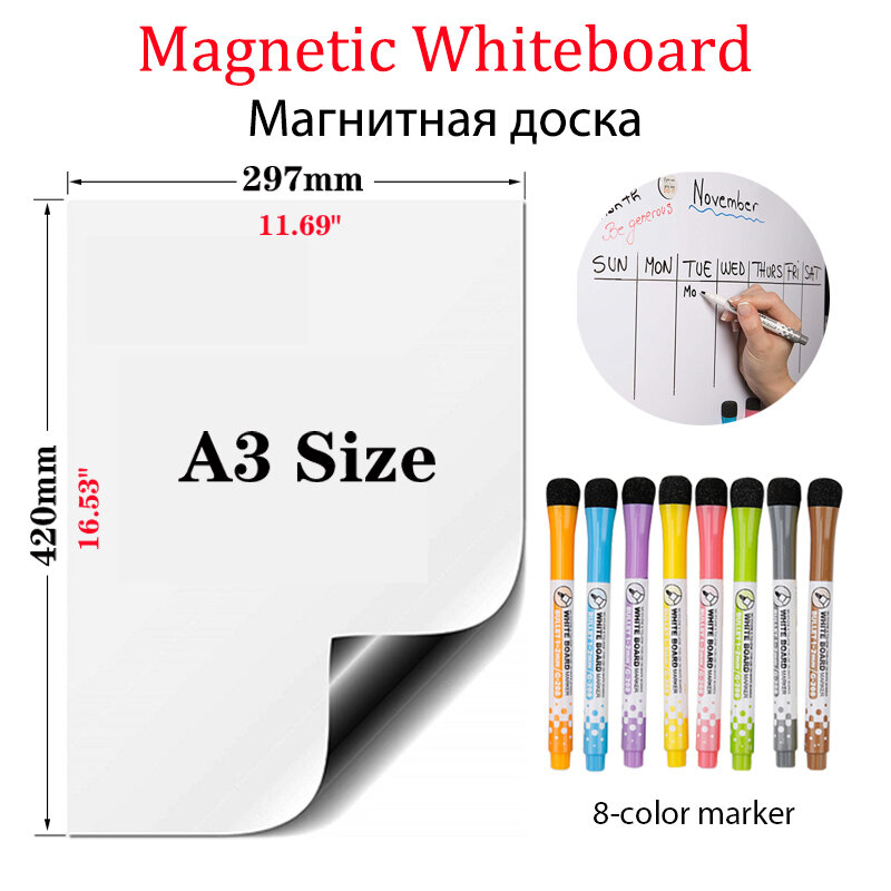 A3 tamanho macio magnético quadro branco seco limpar placas escola escritório cozinha geladeira adesivos memo mensagem miúdo desenho placa