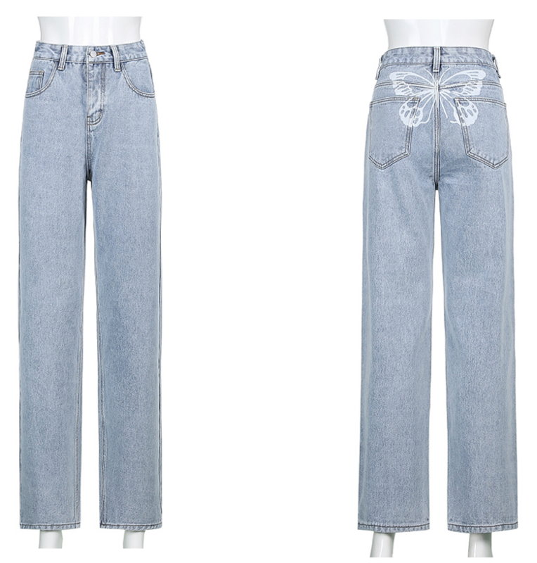 DIFIUPAI – jean taille haute pour femme, pantalon Streetwear décontracté, Baggy, en Denim pour maman, avec imprimé papillon, y2k, Harajuku