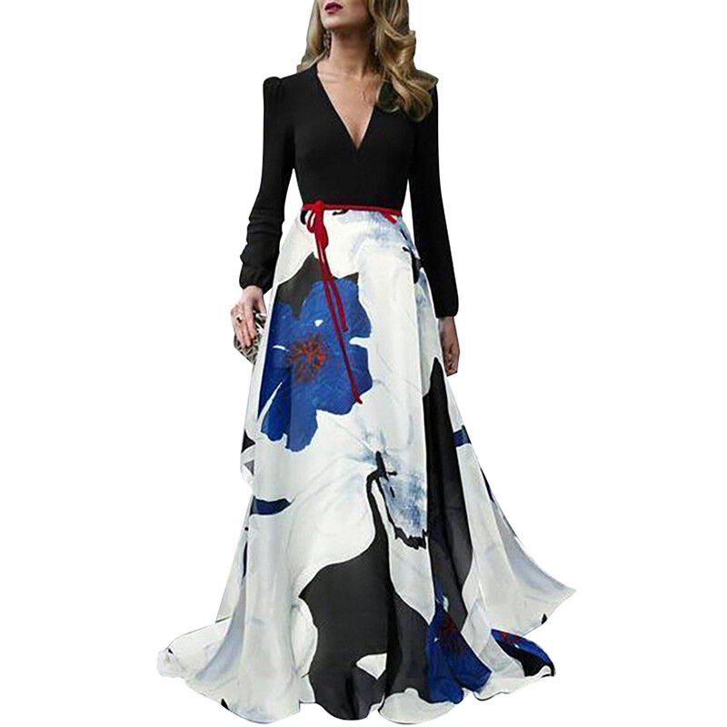 Hirigin Frauen Sommer Strand Maxi Kleid Damen Elegante Blumen V-ausschnitt Chiffon Abend Party Lange Vestidos Patchwork Mode Robe