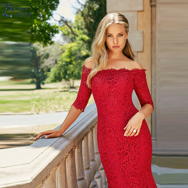 Layout niceb encantador vermelho sereia rendas vestidos de noite com fora do ombro 3/4 mangas bateau pescoço vestidos de noiva tribunal trem 2022