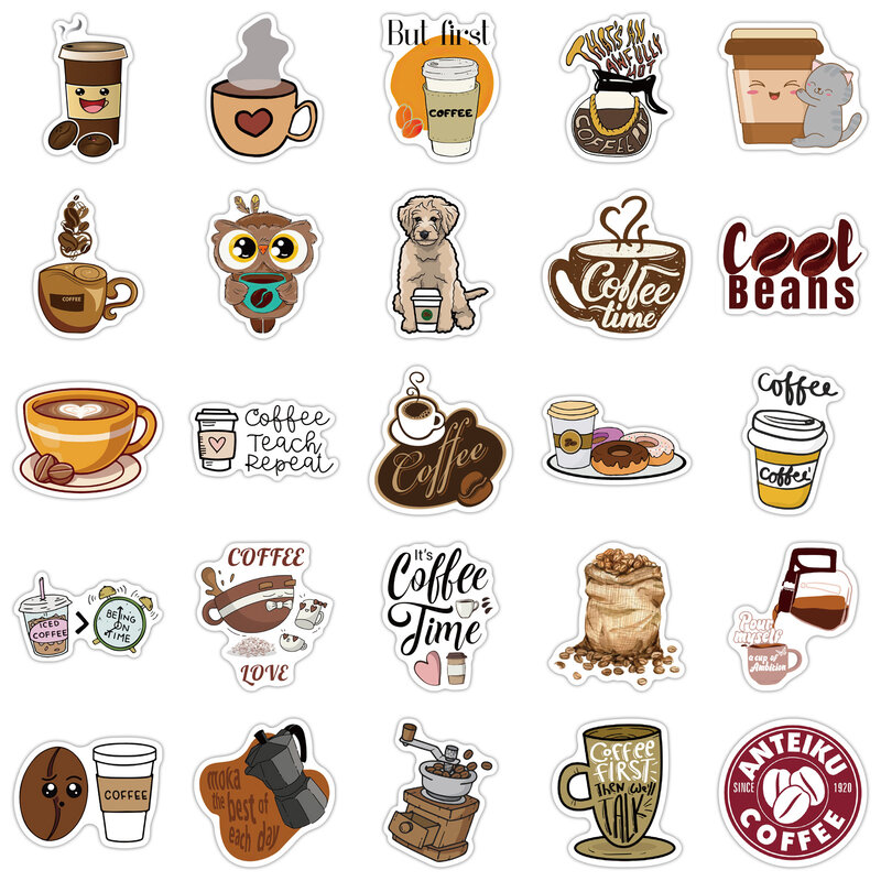 10/50PCS Cartoon Coffee Stickers PVC for Girl Kawaii Decals Sticker Toys DIY Stationery Luggage Suitcase Laptop Guitar Pegatinas