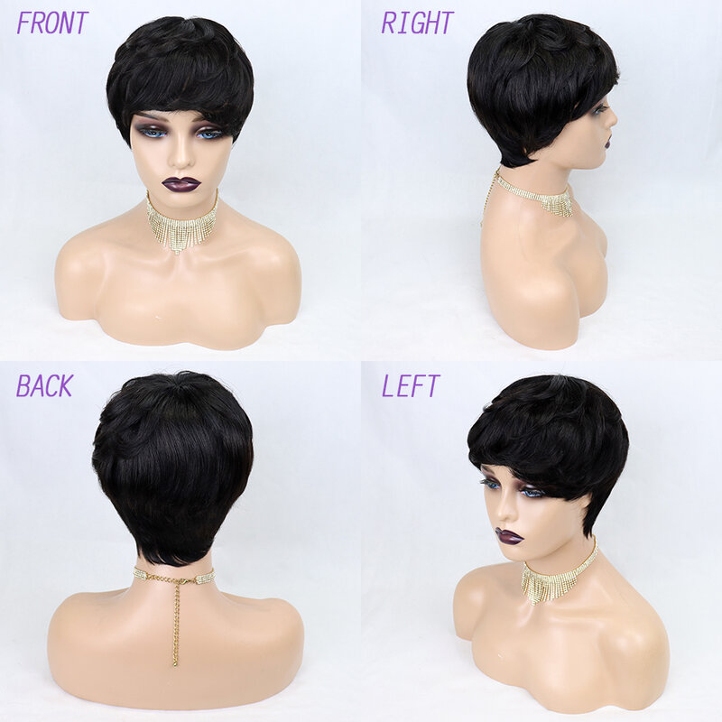Peluca de cabello humano peruano Remy para mujeres negras, corte Pixie corto, sin pegamento, hecha a máquina, envío gratis, 150%