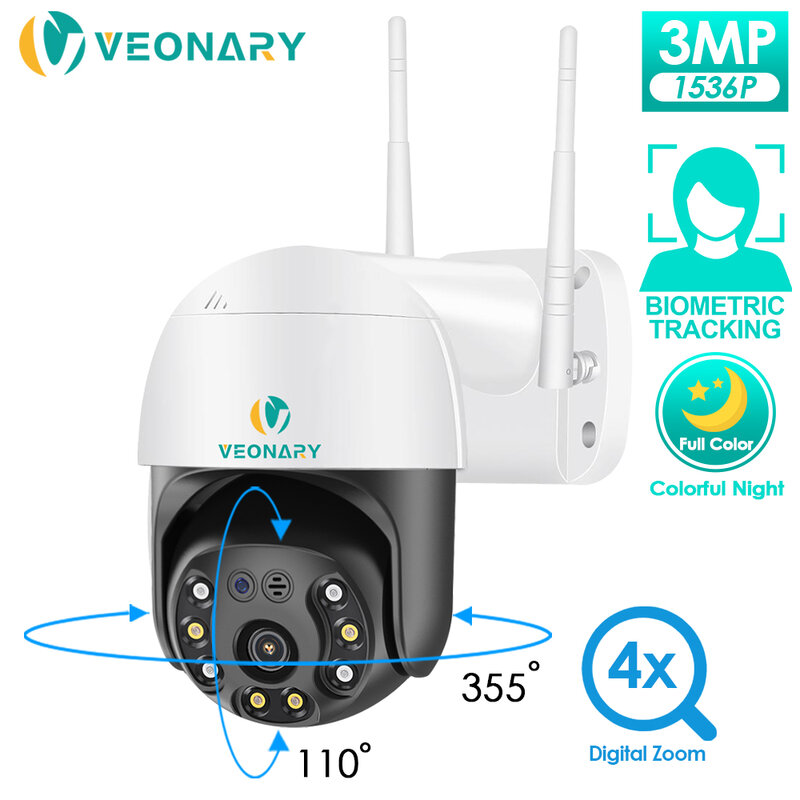 VEONARY-cámara de seguridad inalámbrica PTZ, dispositivo de vigilancia en exterior con Audio de 2 vías, 1536P, 3MP, Zoom Digital 4x, nocturna a Color, 1080P