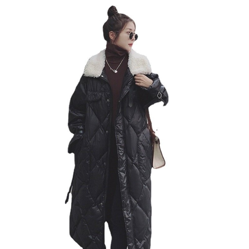Baru Hitam Panjang Lutut Jaket Katun Musim Dingin Korea Domba Wol Kerah Kapas Pinggang Jaket Mantel Wanita